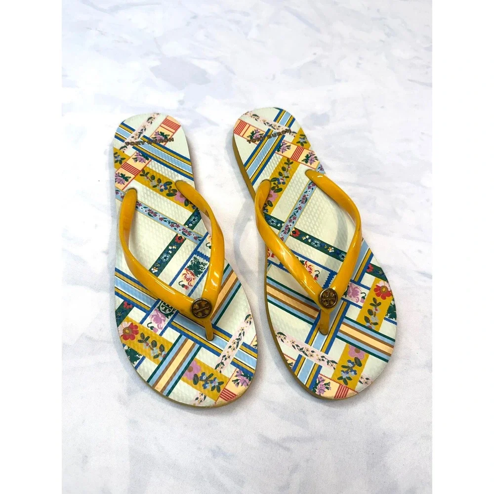 TORY BURCH Womens 9 Yellow Gold Crest Ribbon Weave Flip Flop Thong Sandals Bin1